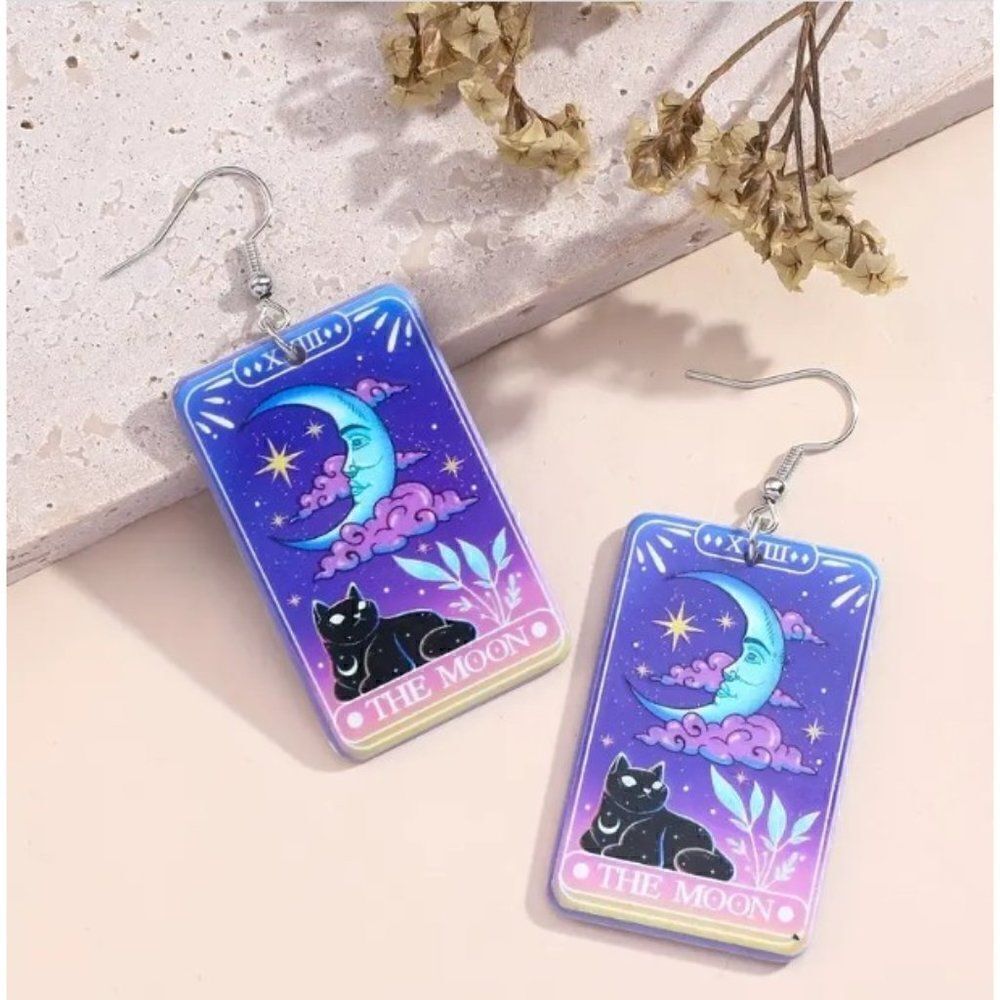 New! Cool Tarot Star Moon Cloud Cat Print Dangle Acrylic Earrings Jewelry